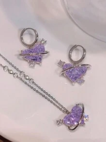 3入組流行的簡約粉色鑽石心形項鍊,耳環和耳釘套裝,適用於女性假日派對、約會、禮物、日常佩戴 - 金黃色5843202HB - 查看 9