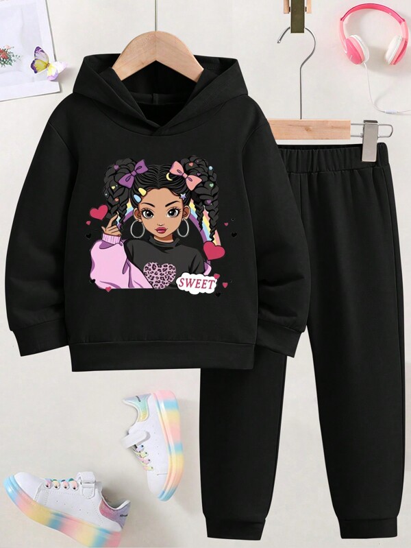 Sudadera con capucha impresa con dibujos animados y pantalones deportivos casuales para niñas preadolescentes