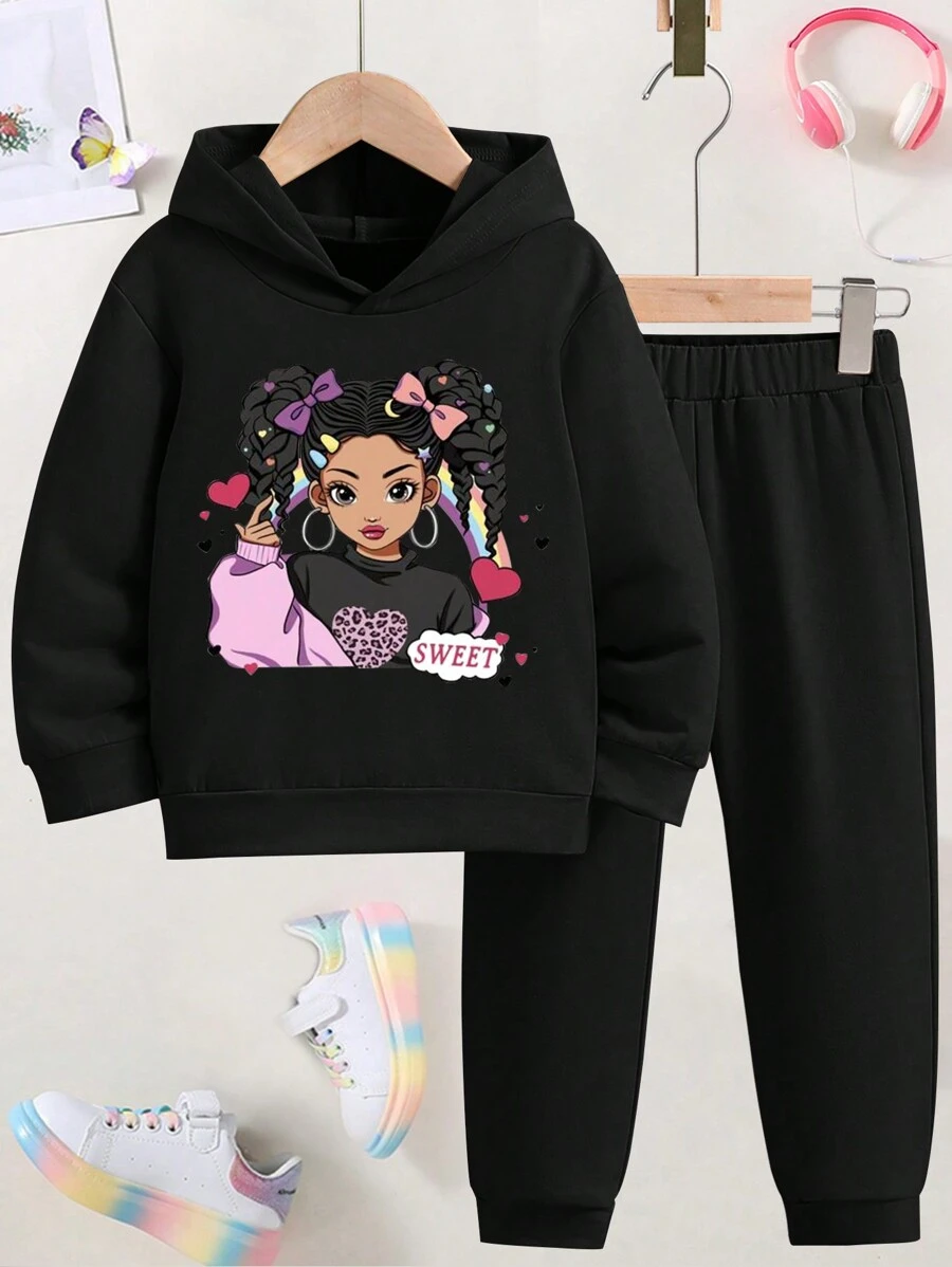 Tween Girls' Casual Cartoon Printed Hoodie And Sports Pants