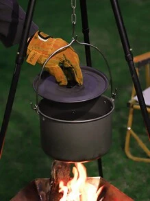 1只戶外露營鍋具套裝,鋁合金製可攜式燒烤鍋具,附掛鍋和坐鍋,適用於5-8人露營或野餐 - 灰色 - 查看 2