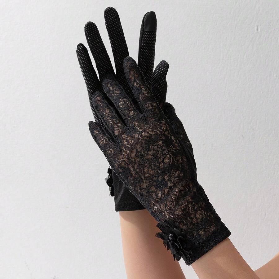 1pc Ladies' Lace Wedding Party Gloves With Touch Screen Function, Sun Protection - Black - View 1