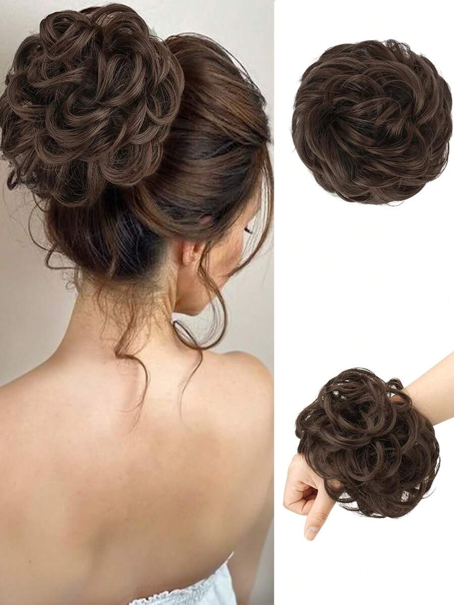 0.9盎司（8磅）凌乱发髻假发片 - 自然黑色波浪卷大发髻发圈接发，合成蓬松盘发假发片，适合女性和女孩 - 摩卡棕 - 查看 1