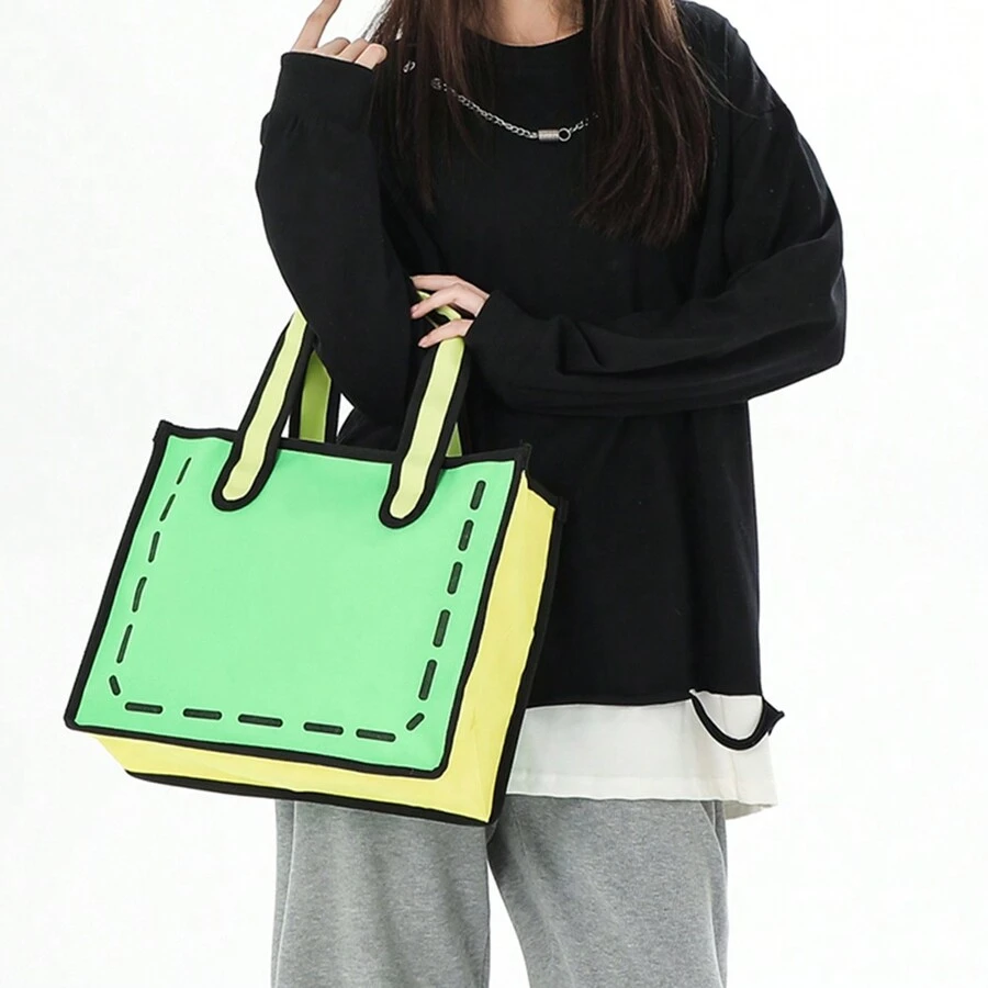 3D Cartoon Contrast Color Tote Bag Women Fashion Canvas Handbag - Green - View 1