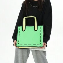 3D Cartoon Contrast Color Tote Bag Women Fashion Canvas Handbag - Green - View 9