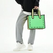 3D Cartoon Contrast Color Tote Bag Women Fashion Canvas Handbag - Green - View 7