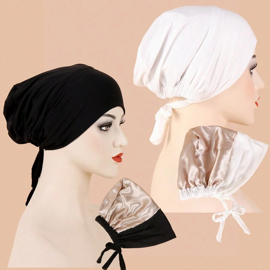 2pcs Lace Up Under Cap Solid Color Turban Cap Lightweight Elastic Head Wraps Inner Hijab Hats Beanies For Women - Multicolor - View 1