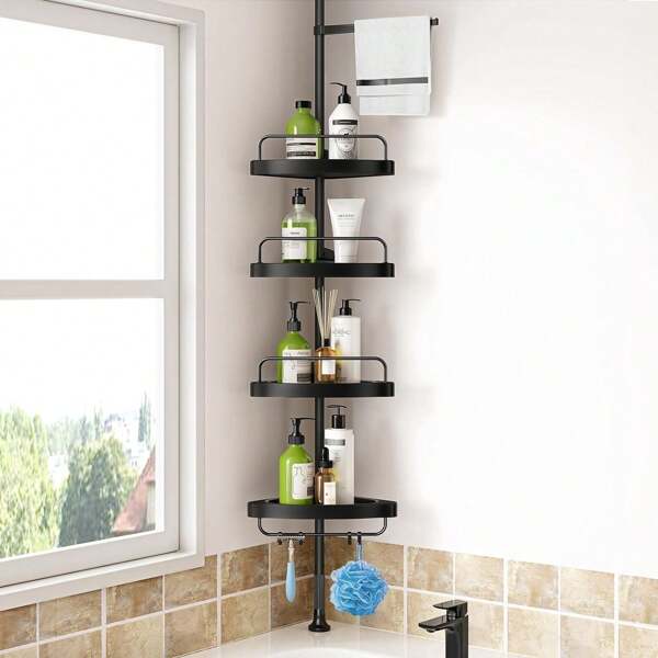 HAMITOR Corner Shower Caddy Tension Pole Adjustable Stainless Steel Shower Organizer With 4