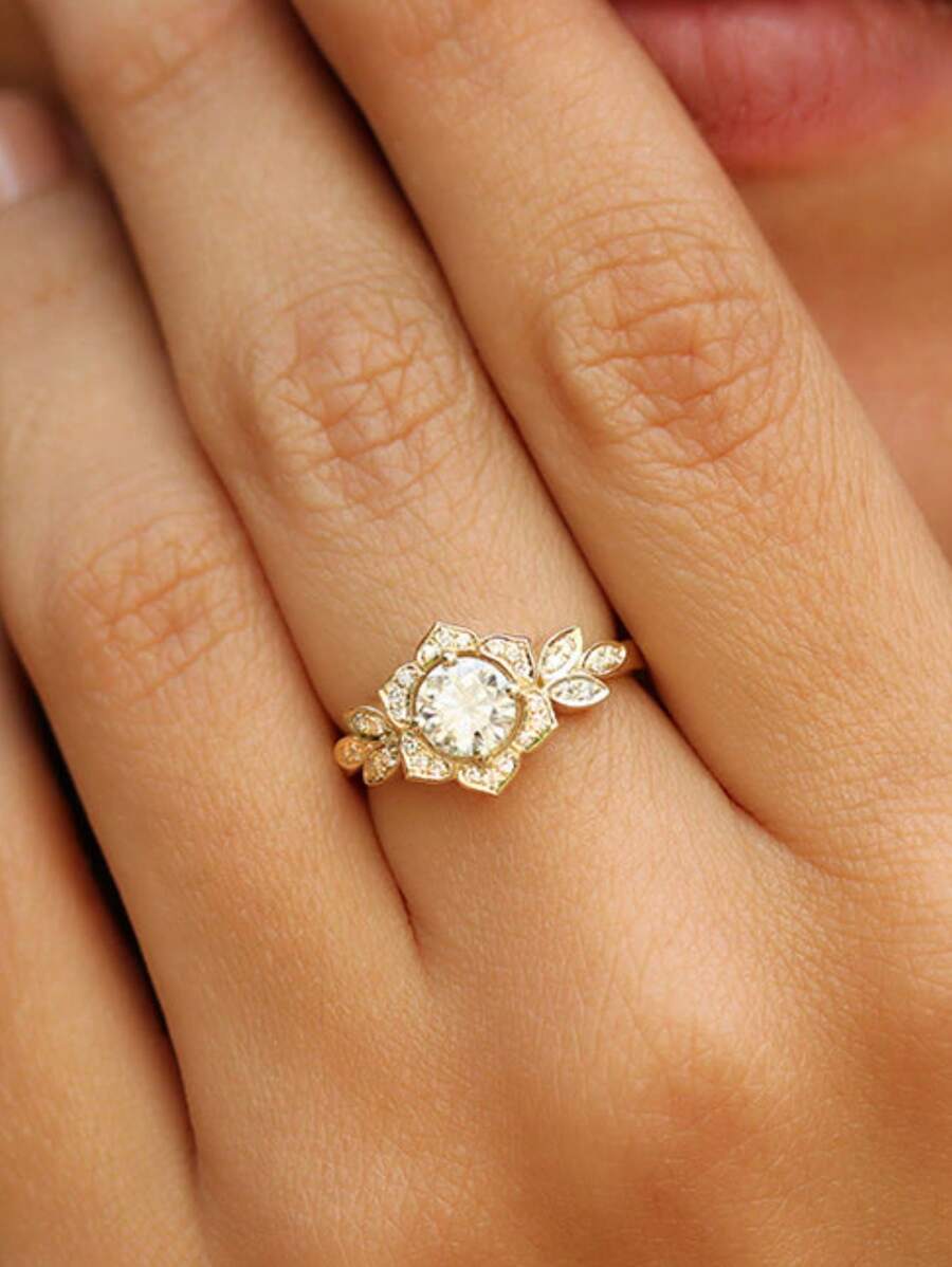 1ct 镀金百合花圆形水钻摩根石戒指，925 纯银戒指，简约风格时尚戒指，情侣戒指，结婚周年纪念戒指，周年纪念礼物，生日礼物订婚新娘首饰水钻水钻戒指情人节 - 1克拉 - 查看 1