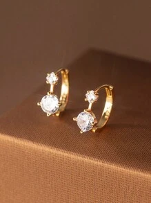 1 对简约 925 纯银不对称圆形镶钻耳环，男女通用礼物 - 金黃色 - 查看 1