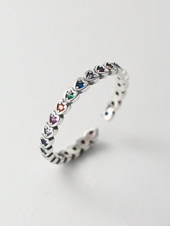 HuooNew 1pc Pure 925 Silver Colorful Cubic Zirconia Heart-shaped Open Ring For Both Men And Women To Wear