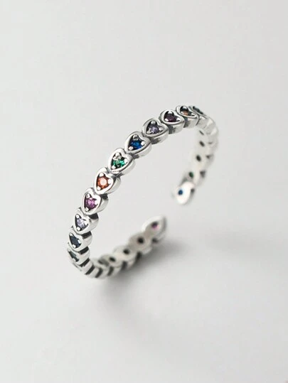 HuooNew 1pc Pure 925 Silver Colorful Cubic Zirconia Heart-shaped Open Ring For Both Men And Women To Wear