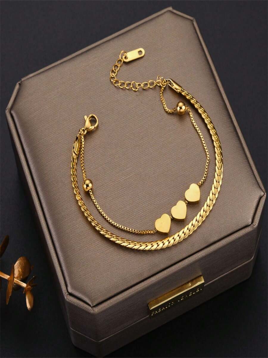 1入組鈦鋼雙層心形蛇骨鏈手鍊,女性休閒百搭,高端獨特設計 - 金色 - 查看 1