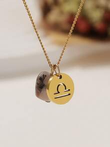 1條簡潔時尚的不鏽鋼十二星座與天然石頭吊墜項鍊,帶有女性生日祝福 - 金黃色 - 查看 8