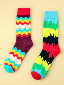 2雙男女通用的彩虹色積木中筒襪 - 彩色 - 查看 2