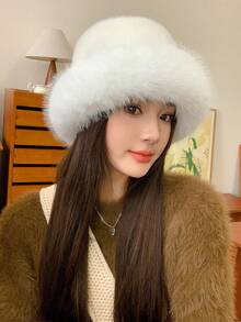 1頂時尚女帽，純色草原風格白色盆帽，冬季戶外保暖耳朵加厚布襯桶帽，適合日常佩戴 - 白色 - 查看 2