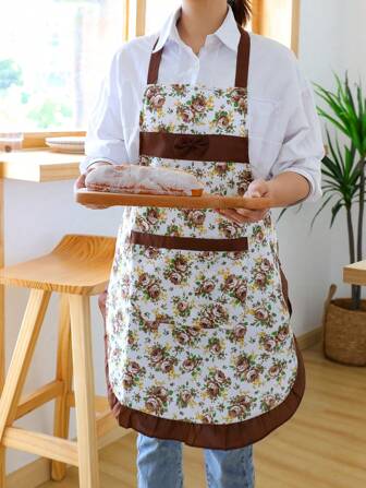 1pc Floral Print Women's Breathable Lightweight Apron With Pockets, Suitable For Kitchen, Cooking And BBQ