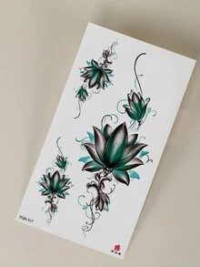 1 件临时蓝色抽象莲花图案纹身贴纸，适用于手臂、胸部、腹部和背部 - 彩色 - 查看 6