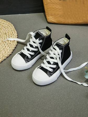 OPOEE Vita tyg babysneakers Mid-Top Canvas Skor för vår och höst, koreansk enkel stil Lågskurna atletiska skor med snörning för pojkar och flickor, klassiska high-top canvas skor, fashionabla och mångsidiga fritidssport skateboardskor för barn