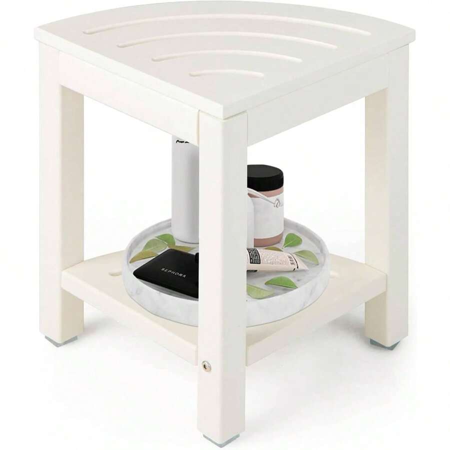 Corner Bathroom Stool With Shelf, Shower Bench Fan Shape, Shower Stool For Bathroom, Balcony, Load Capacity Up To 150 Kg - 白色 - 查看 1