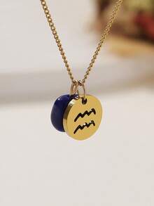 1條簡潔時尚的不鏽鋼十二星座與天然石頭吊墜項鍊,帶有女性生日祝福 - 金黃色 - 查看 24