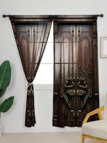 1入組復古木門系列圖案印花窗簾 - 多種色 - 查看 3