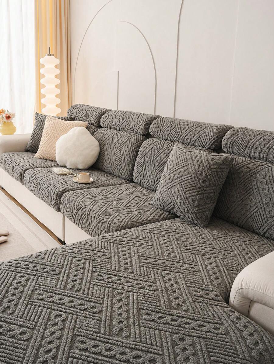 1入組毛絨彈性沙發靠墊套,現代簡約風格防滑沙發套,適用於各季節的l型和1234座椅沙發 - 深灰色 - 查看 1