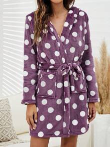 1件女士法蘭絨圓點印花中長款浴袍,適用於秋冬季節 - 紫色 - 查看 1