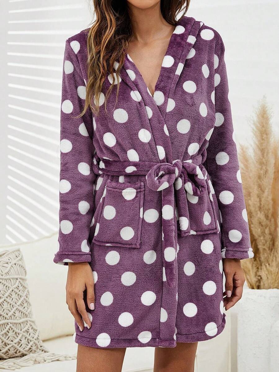 1件女士法蘭絨圓點印花中長款浴袍,適用於秋冬季節 - 紫色 - 查看 1