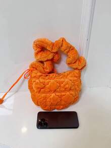 冬季新品休閒抽繩肩帶女用斜背包/單肩包,橘色菱形網格毛絨百褶雲袋,非常適合日常通勤、派對、約會、節日禮物 - 橘色 - 查看 7
