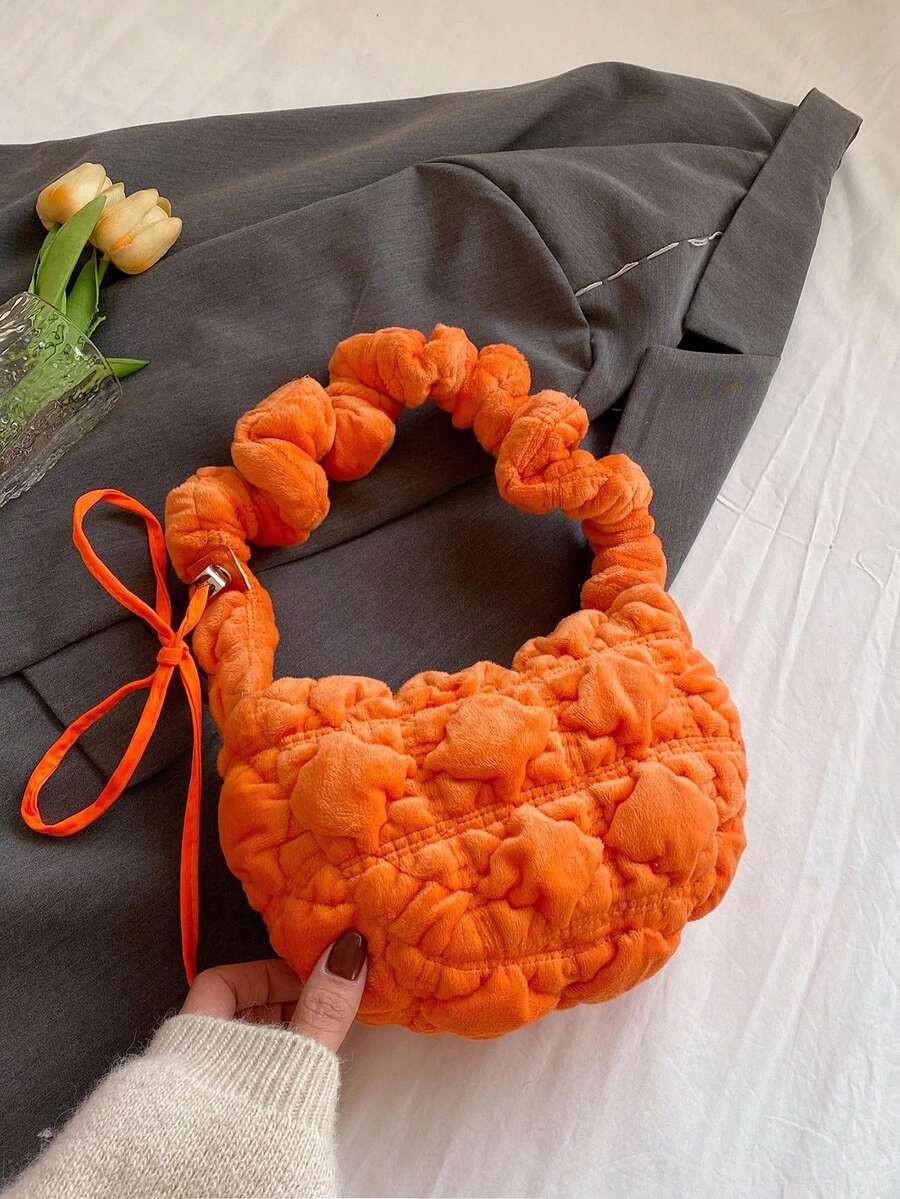 冬季新品休閒抽繩肩帶女用斜背包/單肩包,橘色菱形網格毛絨百褶雲袋,非常適合日常通勤、派對、約會、節日禮物 - 橘色 - 查看 1