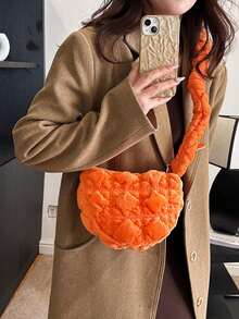 冬季新品休閒抽繩肩帶女用斜背包/單肩包,橘色菱形網格毛絨百褶雲袋,非常適合日常通勤、派對、約會、節日禮物 - 橘色 - 查看 5