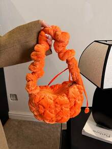 冬季新品休閒抽繩肩帶女用斜背包/單肩包,橘色菱形網格毛絨百褶雲袋,非常適合日常通勤、派對、約會、節日禮物 - 橘色 - 查看 4