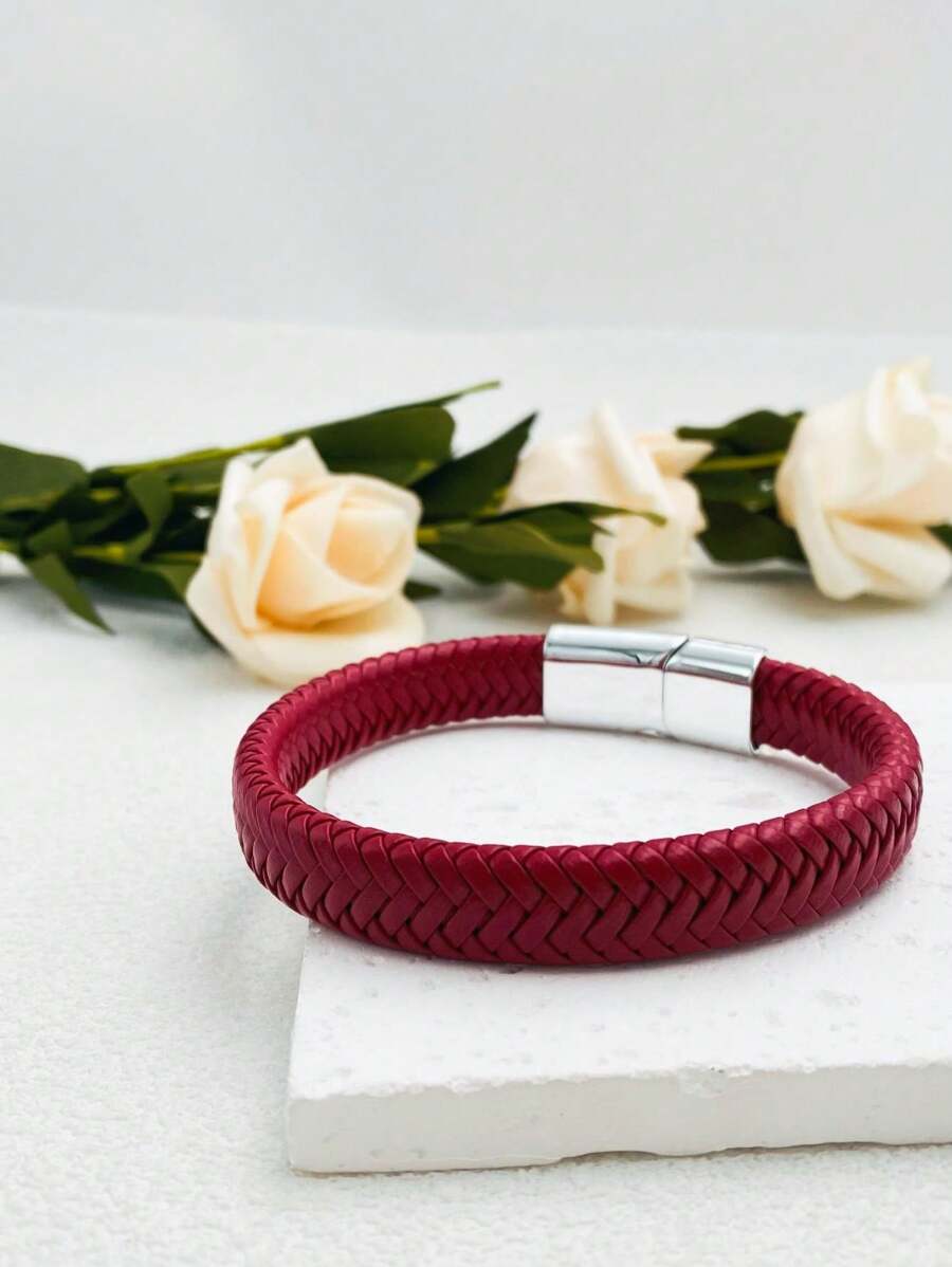 1 Piece Of Men's Bracelet Retro Simple Braided Leather Rope Bracelet - Red - View 1
