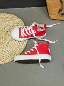 OPOEE Red Cloth Toddler Mid-Top Sneakers, Children's Canvas Shoes For Spring/Autumn Seasons, Korean-Style Simple Boys' And Girls' Shoes, Fashionable Low-Top Casual Lace-Up Track Shoes, Classic High-Top Canvas Shoes, Versatile Casual Sports Skate Shoes For Kids - Red - View 4