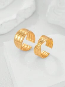 不銹鋼開口幾何和條紋設計可調節戒指女款,情侶戒指,時尚派對禮物 - 金色 - 查看 2