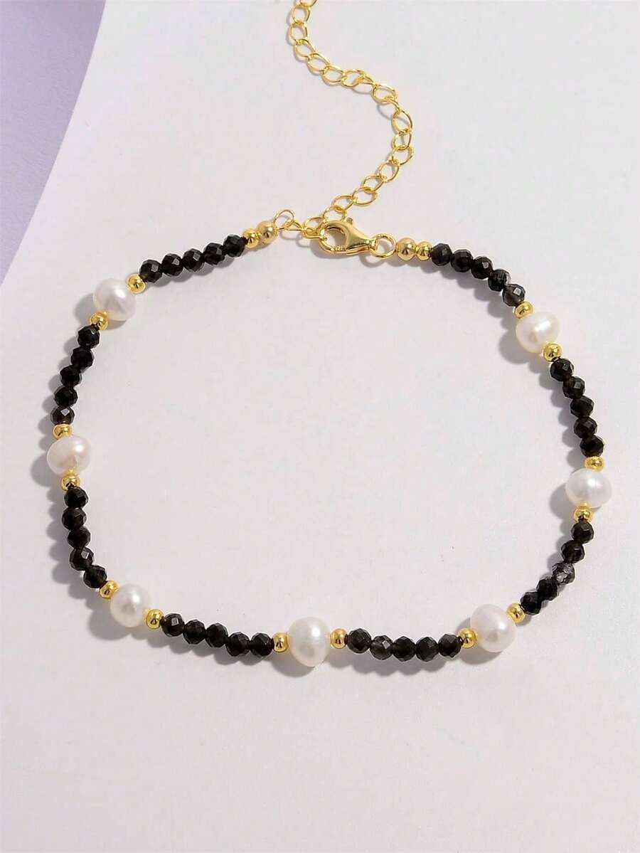 1入豪華925純銀天然珍珠腳鍊,匹配天然黑曜石腳鍊,手工串珠手鍊,男女皆可配戴,可調節分層,情人節禮物,女性多彩珠寶 - 彩色 - 查看 1