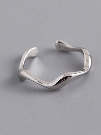 HuooNew 1 ชิ้น แหวนเปิด รูปลอนคลื่น อสมมาตร ลงยาสีเงินแท้ 925 สำหรับของขวัญ