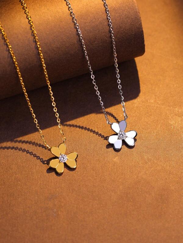 1pc Elegant Simple Style 925 Sterling Silver Cubic Zirconia Clover Necklace, Suitable For Women Everyday Wear, Vacation, Date, Gift