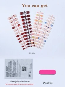 96入組短方形膠甲，4種款式假甲套裝，包含1份果凍膠和1個指甲文件，適用於女性和女孩美甲裝飾 - 彩色 - 查看 2