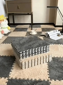 12入組ins風格毛絨床前地毯,可切割拼接為全覆蓋地墊,適用於兒童房 - 灰色 - 查看 1