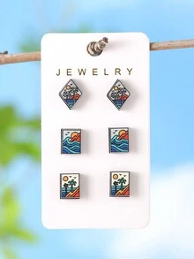 3 對復古波西米亞度假風格波浪海灘日落椰子樹耳環套裝女式時尚耳飾 - 彩色 - 查看 5