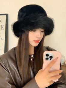 1頂時尚女帽，純色草原風格白色盆帽，冬季戶外保暖耳朵加厚布襯桶帽，適合日常佩戴 - 白色 - 查看 5