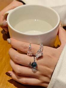 1枚奢華水滴形水晶戒指,附925銀、粉色和藍色寶石,適合情人節、母親節等禮物 - 經典 - 查看 4