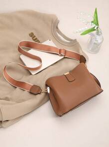 時尚荔枝紋磁扣拉鍊肩包 - 棕色 - 查看 3