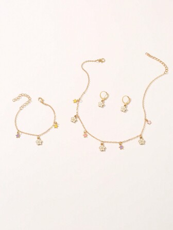 4pcs/Set Girls' Oil Drip Cherry Blossom, Flower & Five-Pointed Star Necklace, Bracelet, Earrings