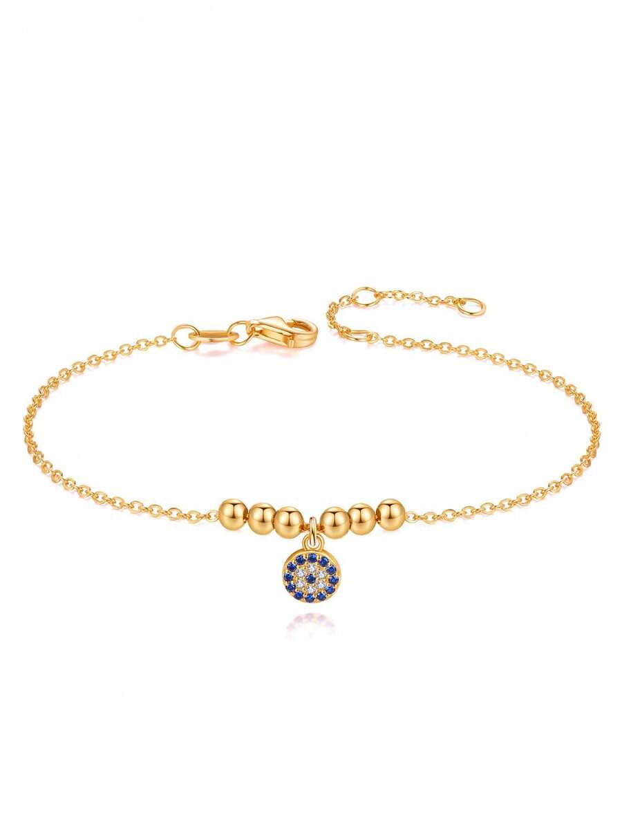 Kaletine 1pc 925 Sterling Silver Beaded Evil Eye Bracelet - Gold - View 1