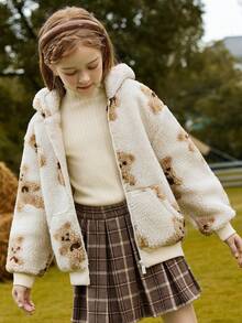 Tween Girls' Thickened Plush Casual Hooded Jacket With Bear Pattern For Warmth - Beige - View 2