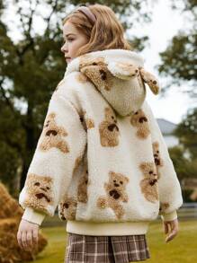 Tween Girls' Thickened Plush Casual Hooded Jacket With Bear Pattern For Warmth - Beige - View 1