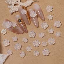 100 piezas Accesorios de arte de uñas decorativos de perlas blancas de 6 mm y pétalos y flores de resina y rosa,  de uñas de bricolaje, piedras de uñas, suministros de uñas decoración uñas