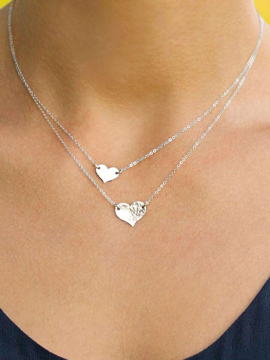 1入時尚優雅的s925純銀雙心疊疊項鍊,適用於情人節、母親節、生日、派對、宴會及禮物 - 銀色雙心 - 查看 1